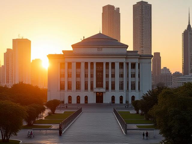 Fachada da Câmara Municipal de São Paulo sob luz do entardecer